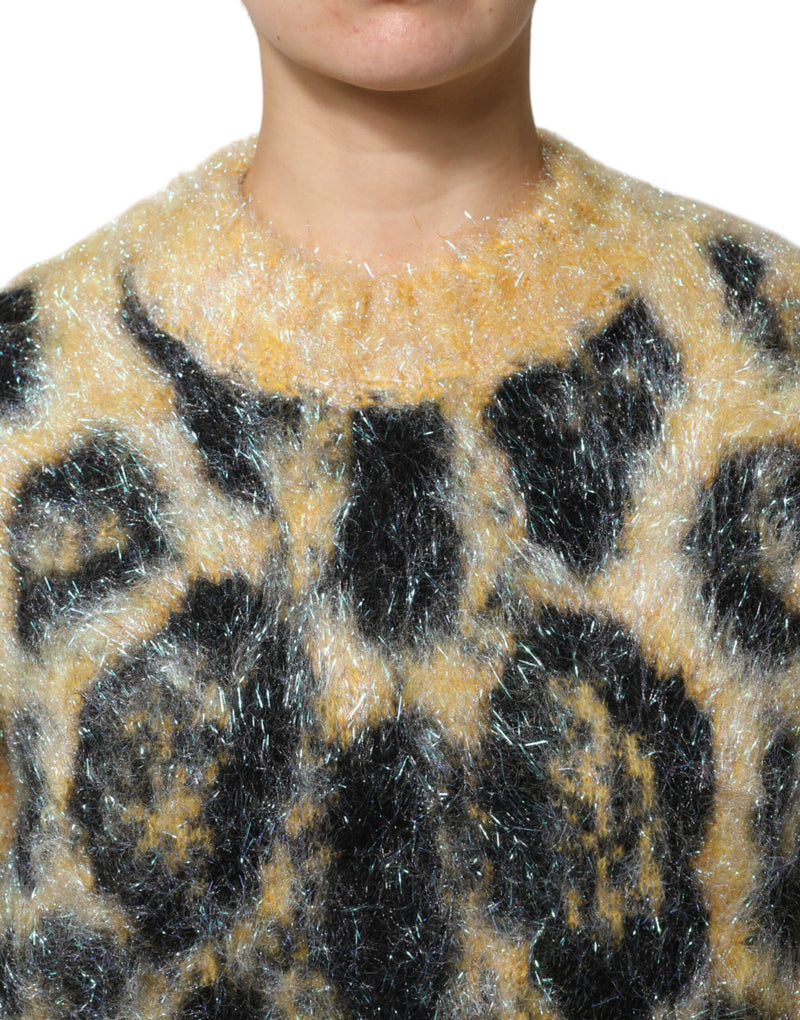 Multicolor leopard print fuzzy mohair crew neck sweater