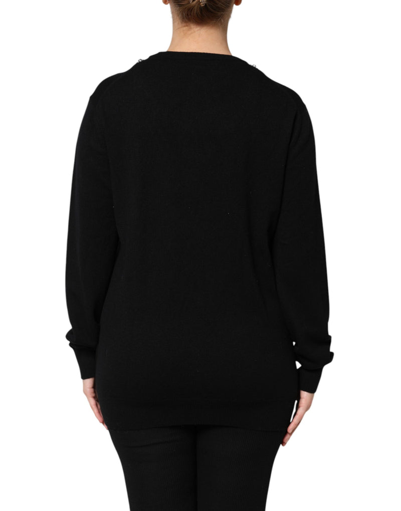 Black cashmere crystal embellished sweater worn from the back