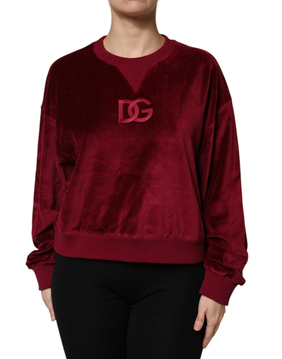 Red cotton velvet crew neck pullover sweater with embroidered DG logo on the chest