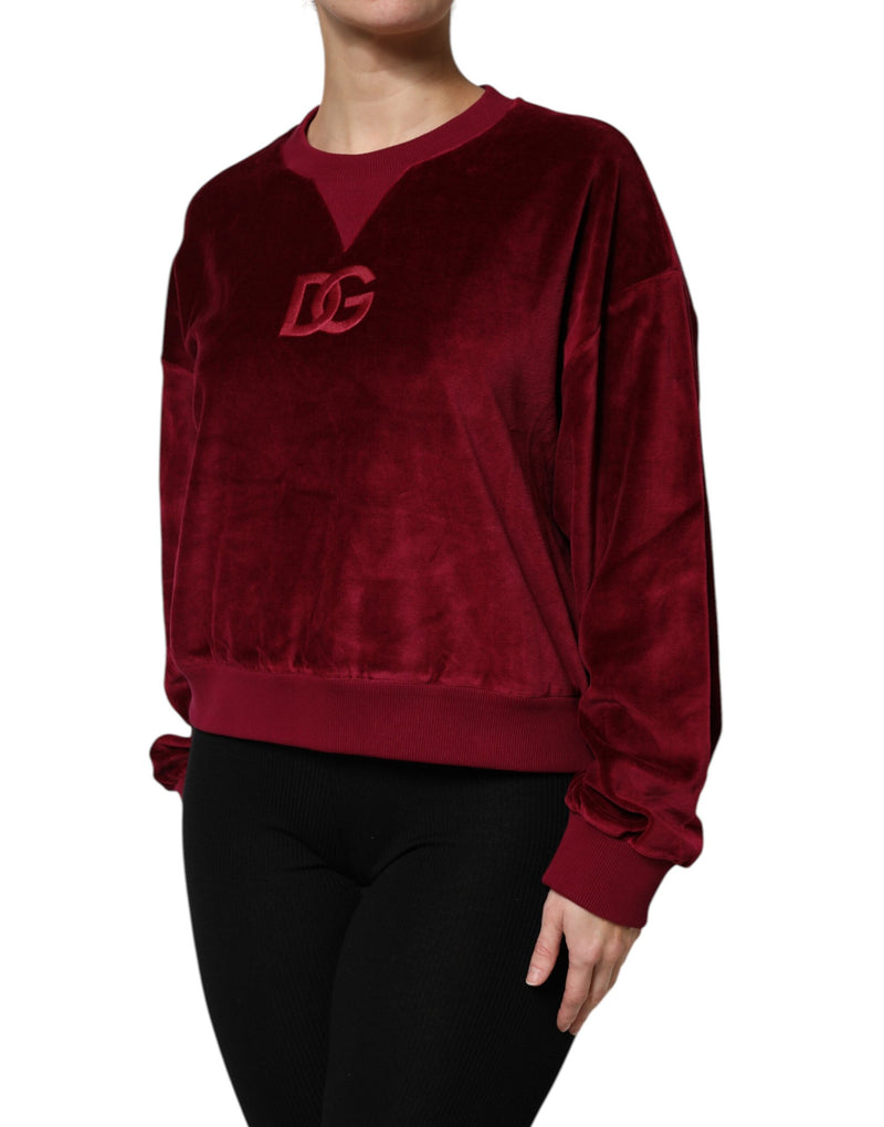 Red cotton velvet crew neck pullover sweater with embroidered DG logo on the chest