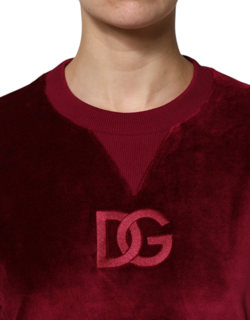 Red cotton velvet crew neck pullover sweater with embroidered DG logo