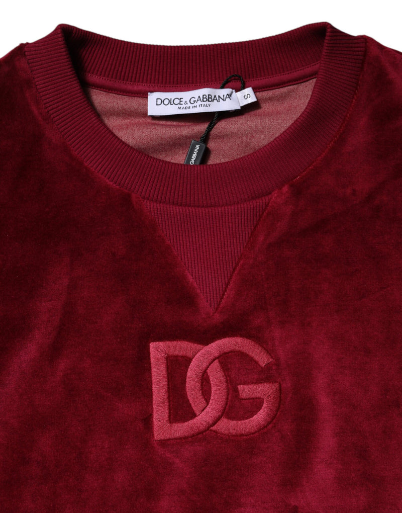 Red velvet crew neck pullover sweater with embroidered DG logo on the chest and Dolce & Gabbana tag inside