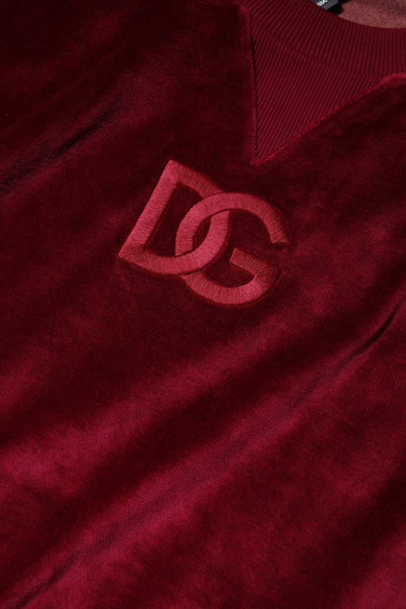 Red velvet crew neck pullover sweater with embroidered DG logo