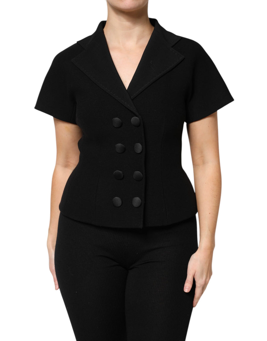 Black wool short-sleeve double-breasted jacket with lapel collar