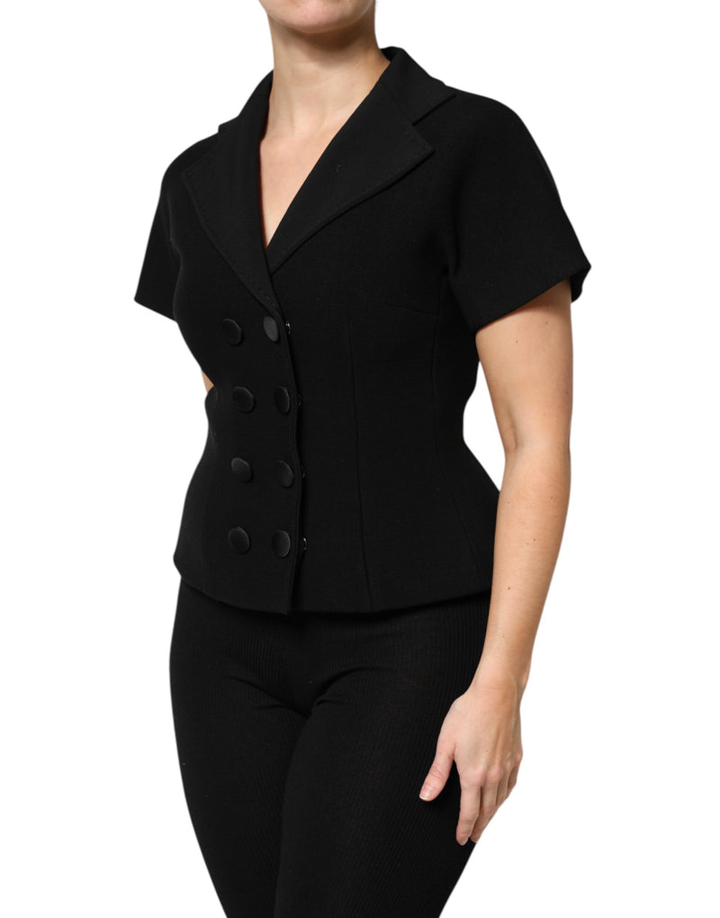 Black wool short-sleeve double-breasted jacket with lapels worn by a model