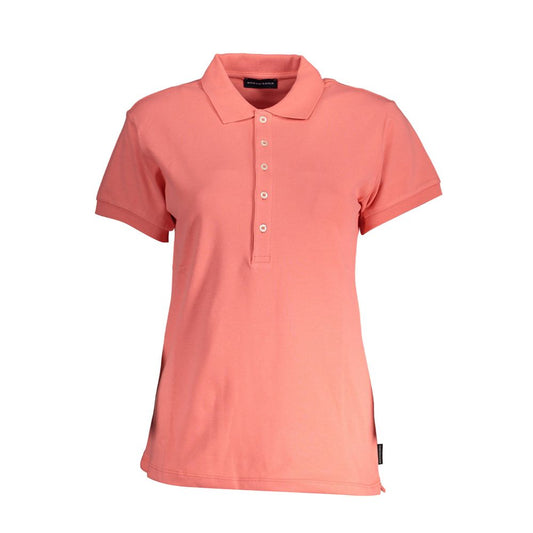Pink organic cotton short-sleeve women polo shirt with a button placket and collar