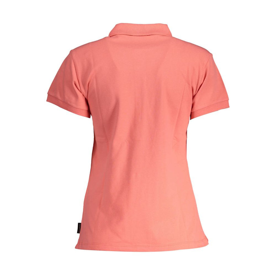 Pink organic cotton short-sleeve women polo shirt with a button placket and collar