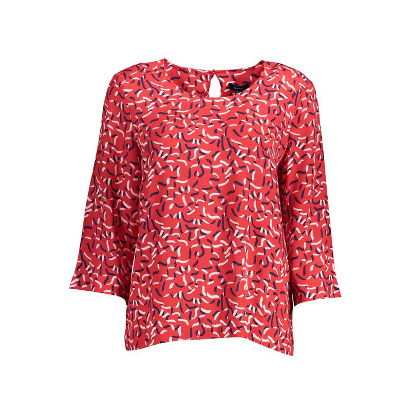 Red viscose women blouse with abstract white and blue pattern and three-quarter sleeves