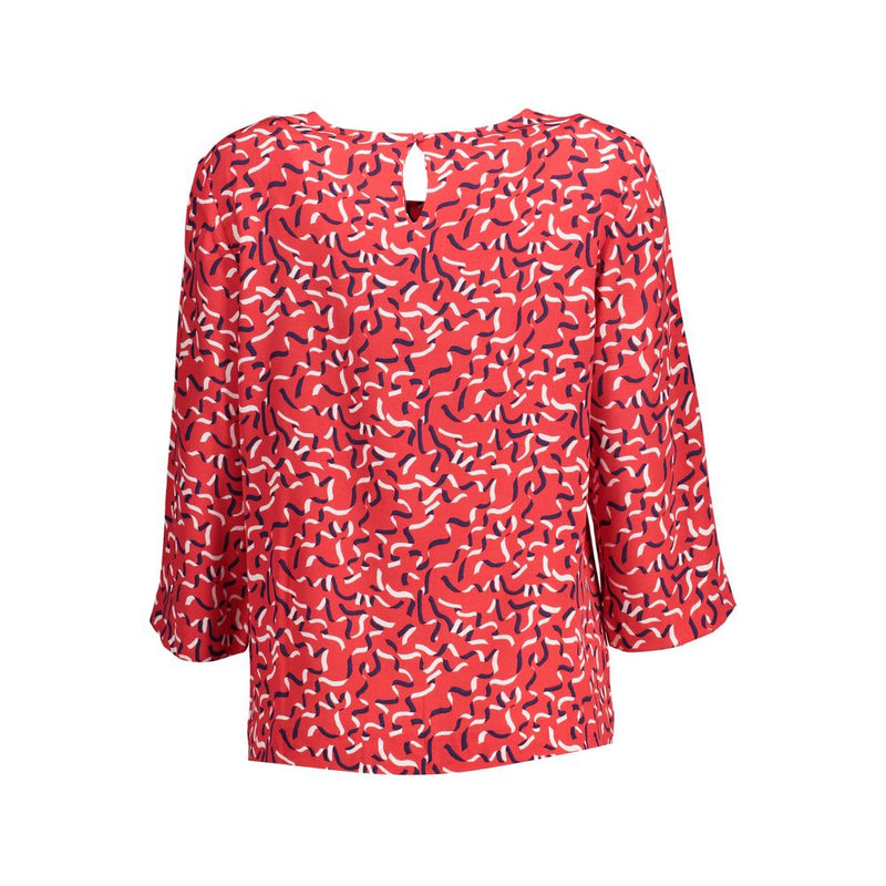 Red viscose women sweater with a blue and white abstract print and keyhole back neckline
