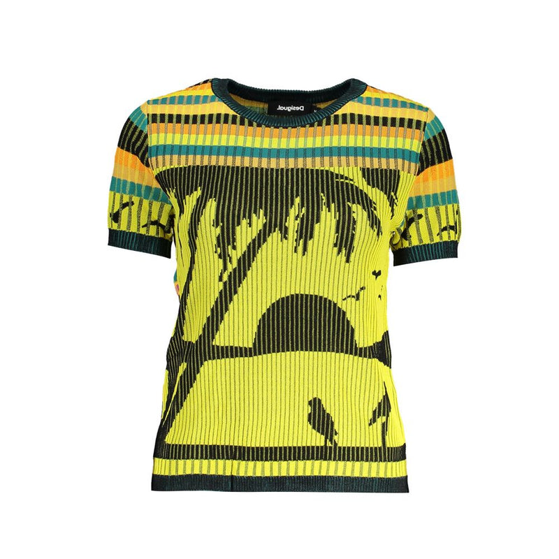 Yellow knit short-sleeve sweater with black palm tree graphic and striped trim