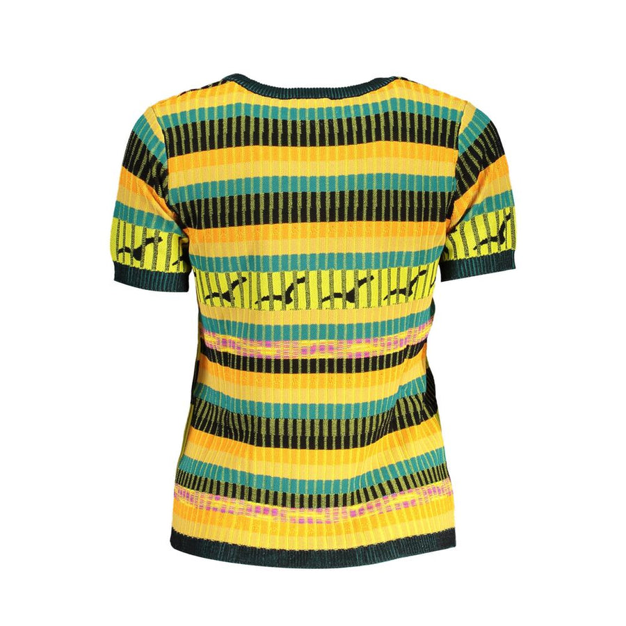 Yellow knit short-sleeve sweater with black palm tree graphic and striped trim