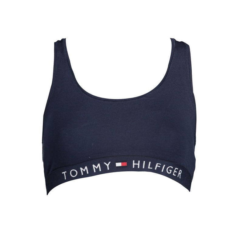 Navy blue cotton sports bra with scoop neck and branded elastic band