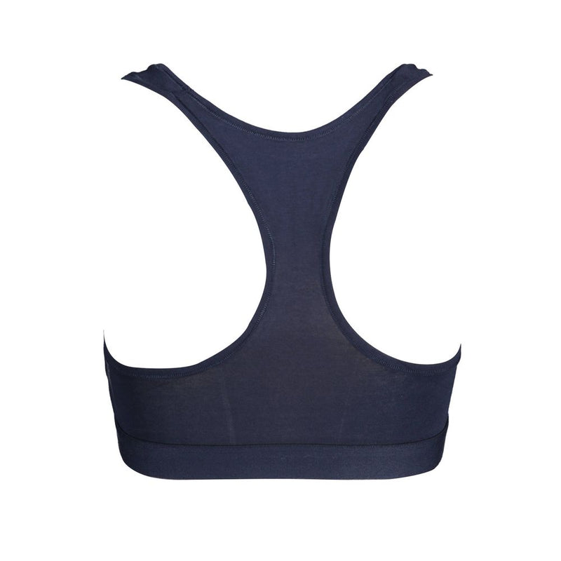 Dark blue cotton women's sports bra with a racerback design viewed from the back