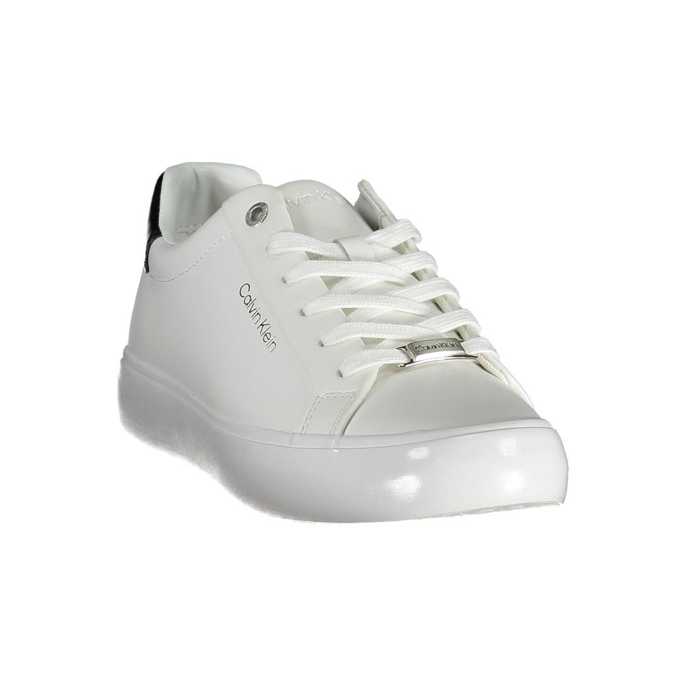 White Calvin Klein leather sneaker with lace-up front, metal logo hardware, and a black heel tab detail.