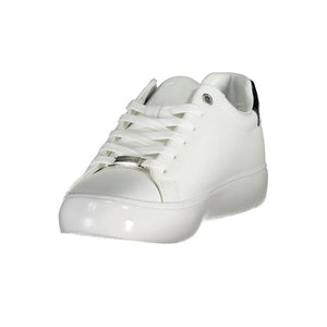 Calvin Klein white leather sneaker with lace-up closure, metallic branded hardware, and black heel accent.