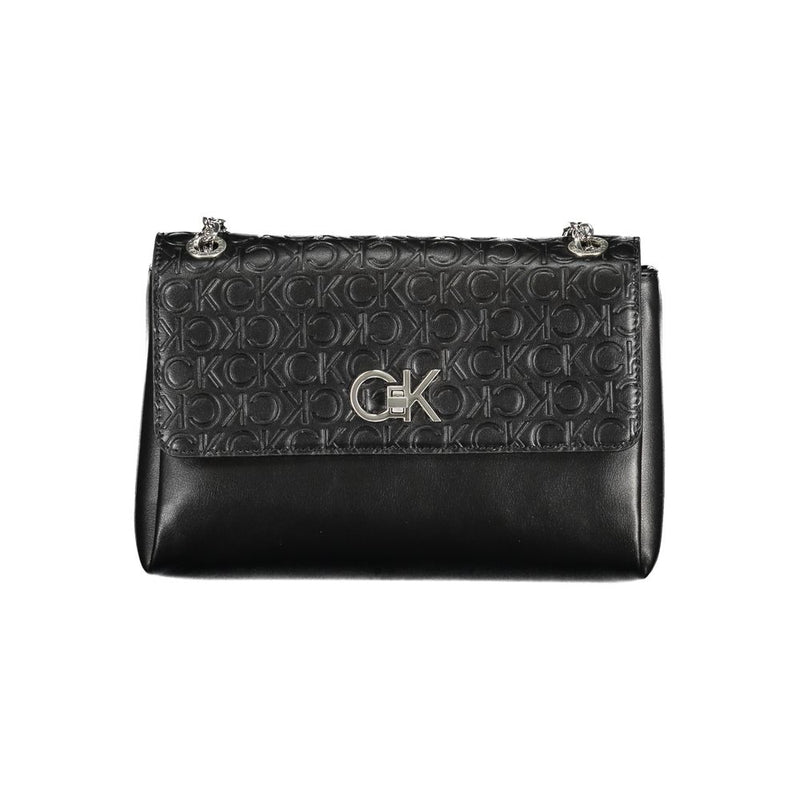 Black polyester Calvin Klein handbag with debossed CK monogram flap and silver hardware