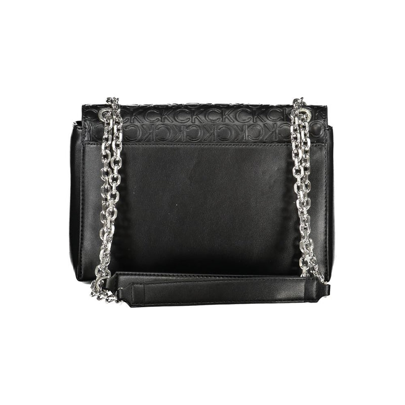 Black polyester Calvin Klein handbag with debossed logos and silver chain strap