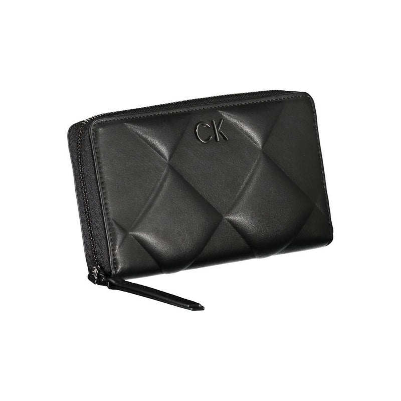 Black quilted polyester zip-around women's wallet with silver CK logo