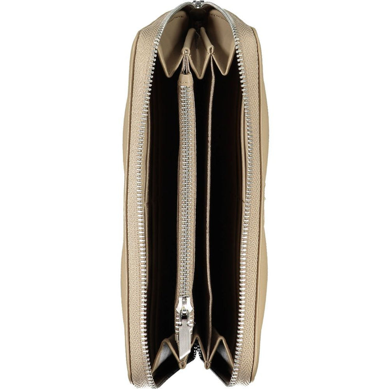 Open beige polyester zip-around women wallet with multiple compartments