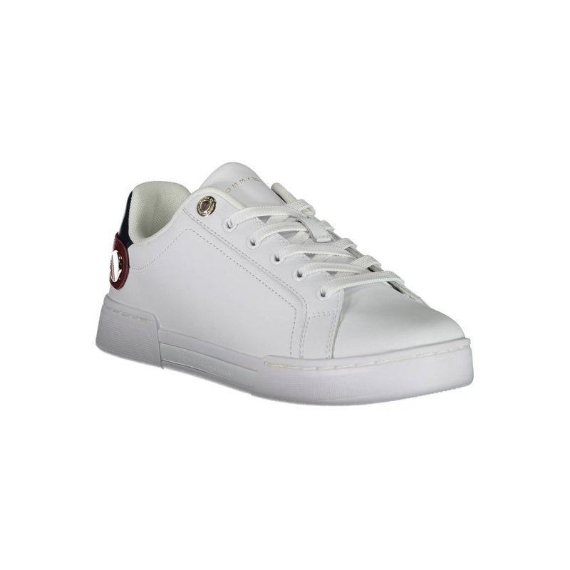 White polyurethane women's sneaker with lace-up closure, metallic eyelet, and red and navy logo heel detail.