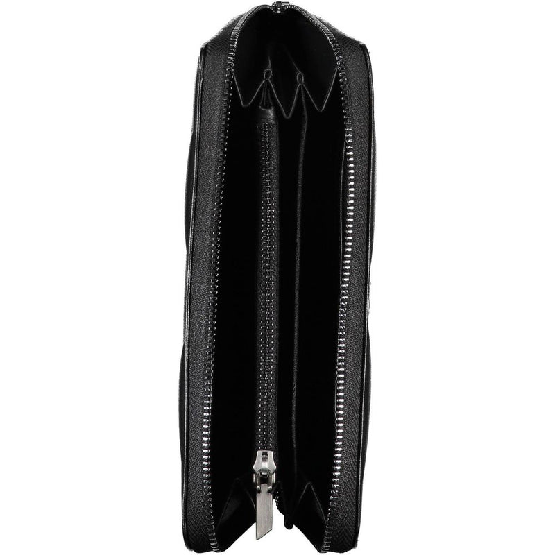 Open black polyester women zip-around wallet showing interior compartments