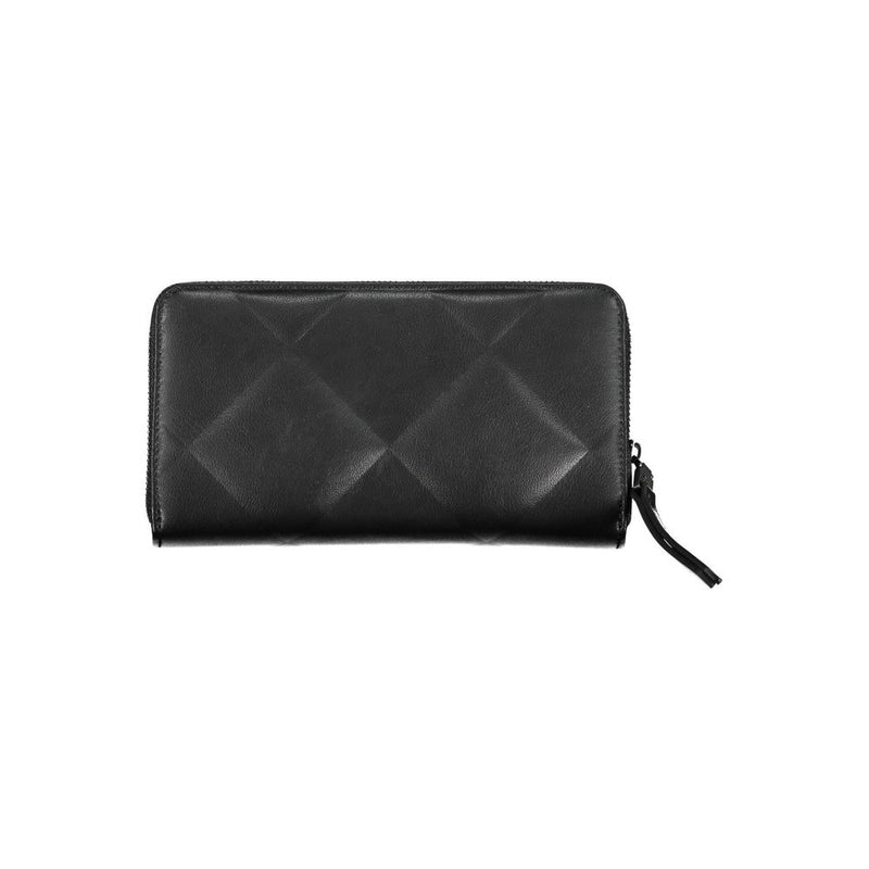 Black quilted polyester women wallet with a zip-around closure