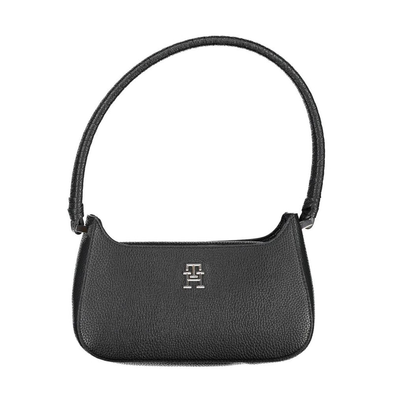 Black textured polyurethane handbag with a curved strap and silver logo
