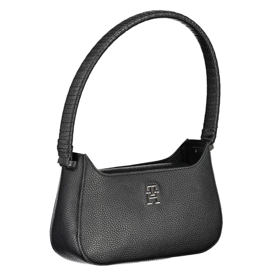 Black textured polyurethane handbag with a curved strap and silver logo