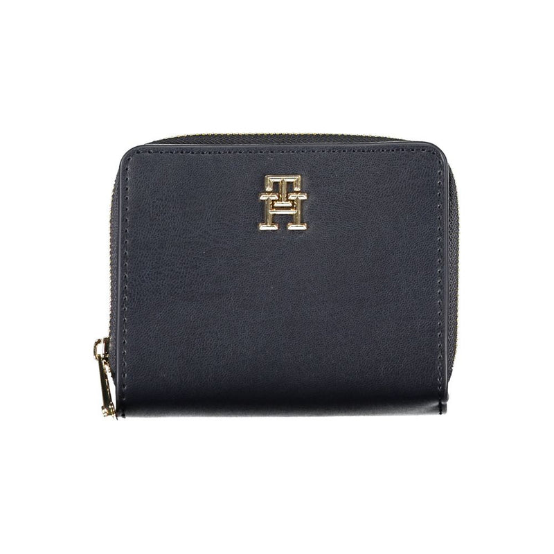 Sleek dark blue polyethylene zip-around wallet with a gold logo on the front