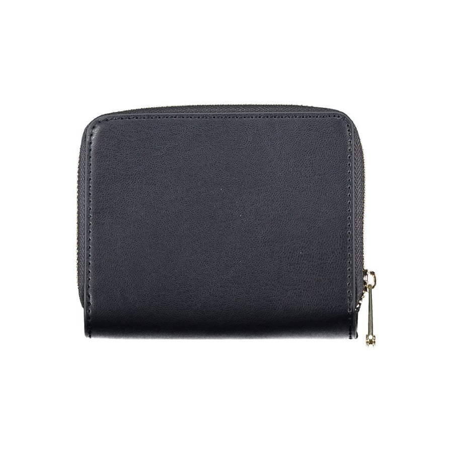 Sleek dark blue polyethylene zip-around wallet with a gold logo on the front