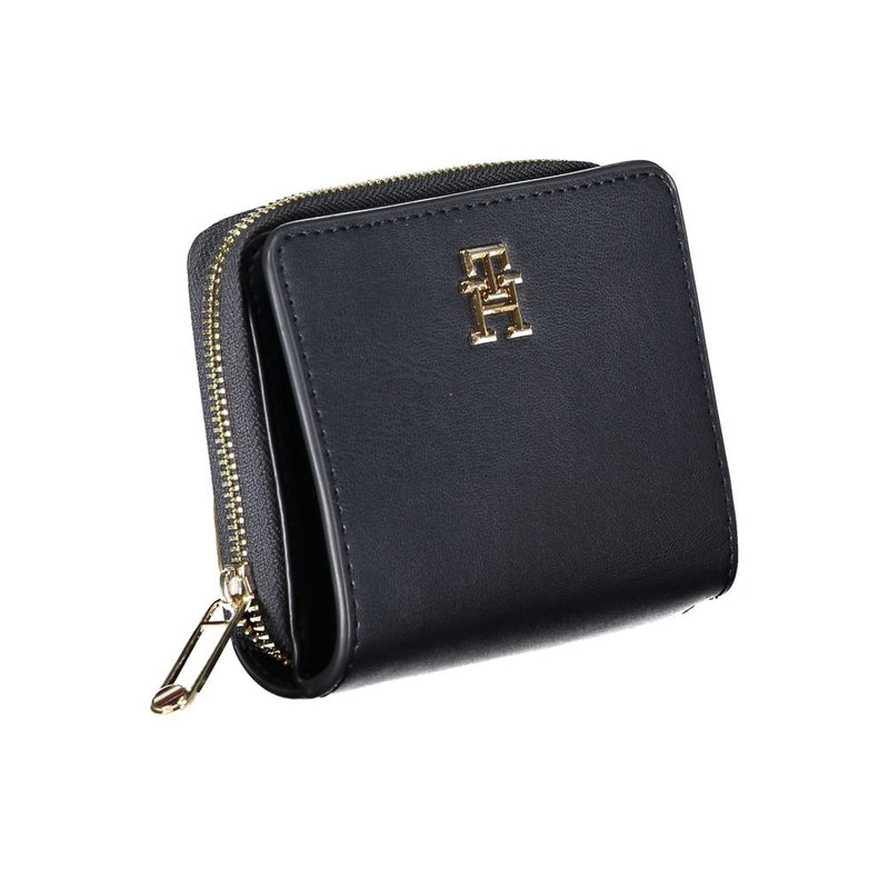 Sleek black polyethylene folding wallet with a gold zipper and logo