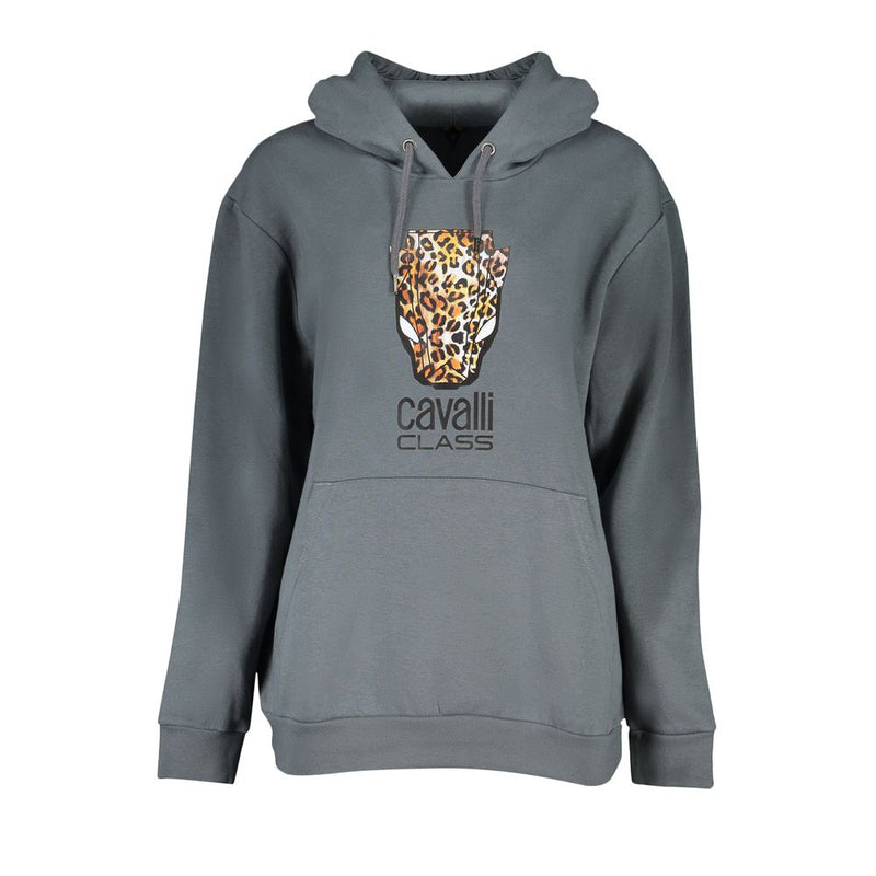 Dark grey polyester women's hooded sweatshirt with leopard print graphic and logo on chest