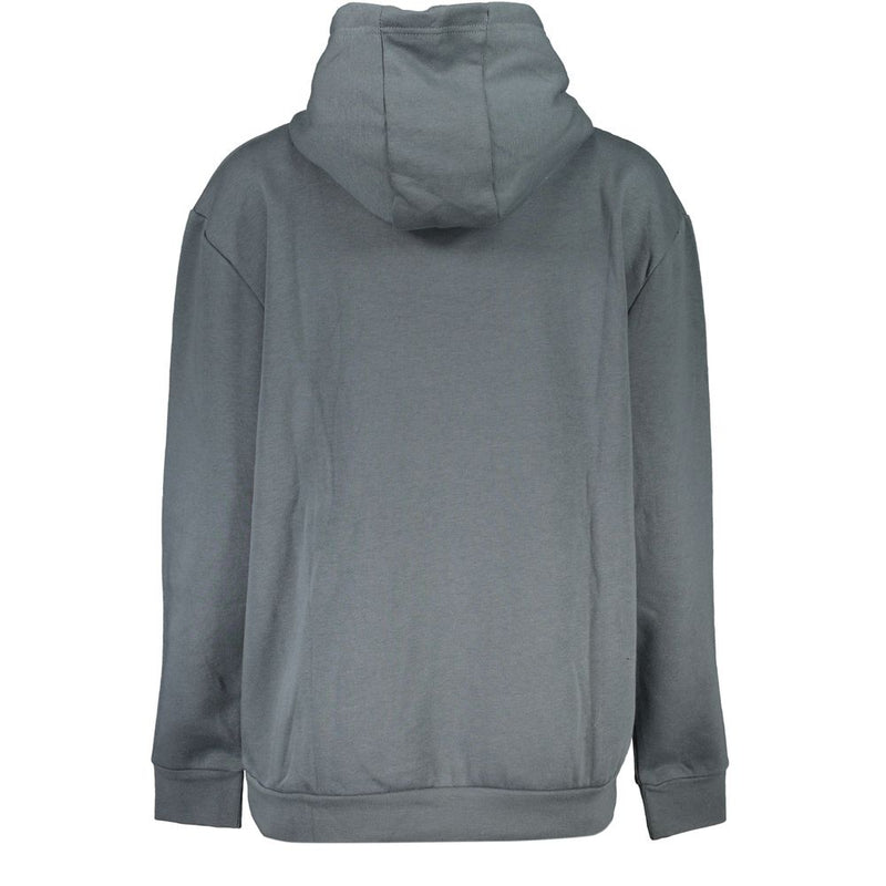 Back view of a grey polyester women's hooded sweatshirt with long sleeves