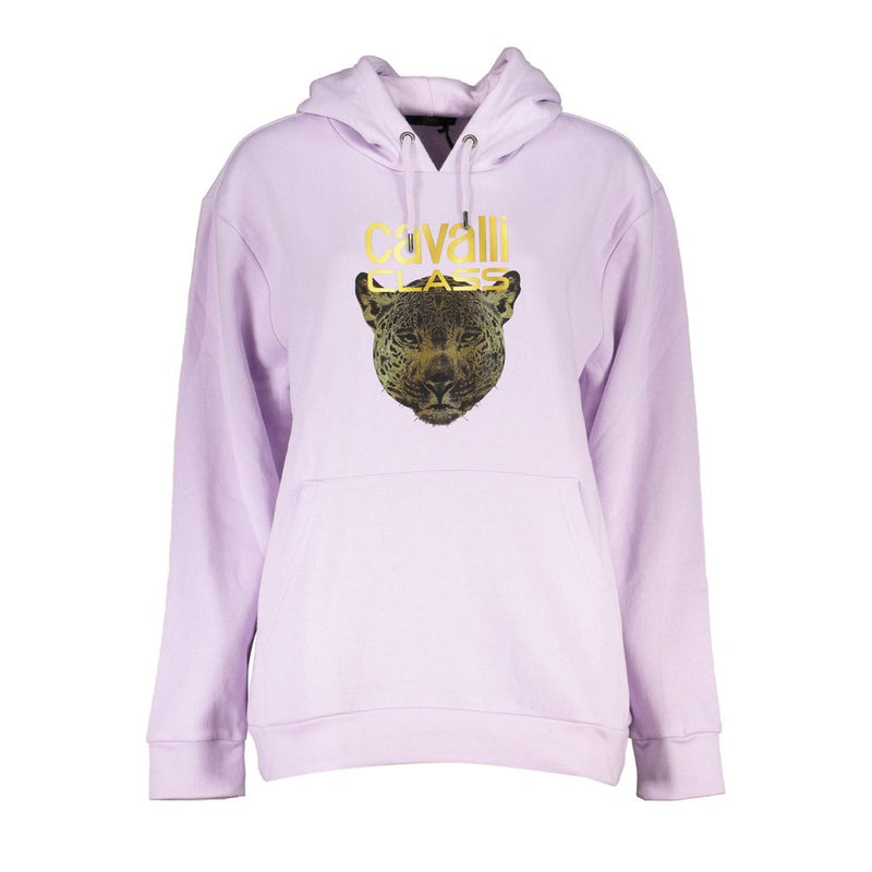 Light purple polyester women's hoodie with a leopard graphic and gold logo