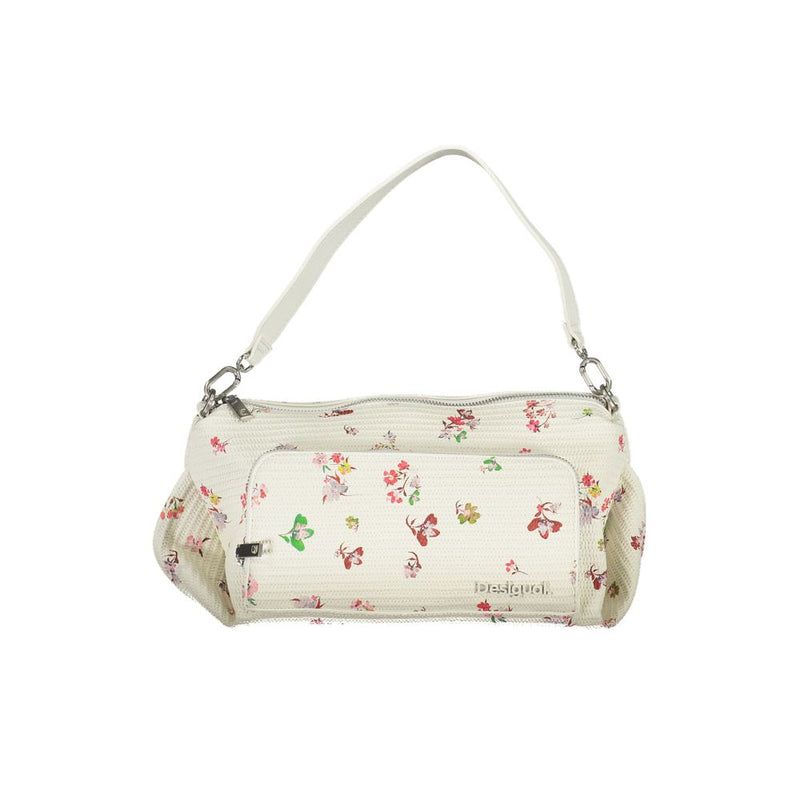 Desigual white polyurethane shoulder bag with colorful floral print and front pocket