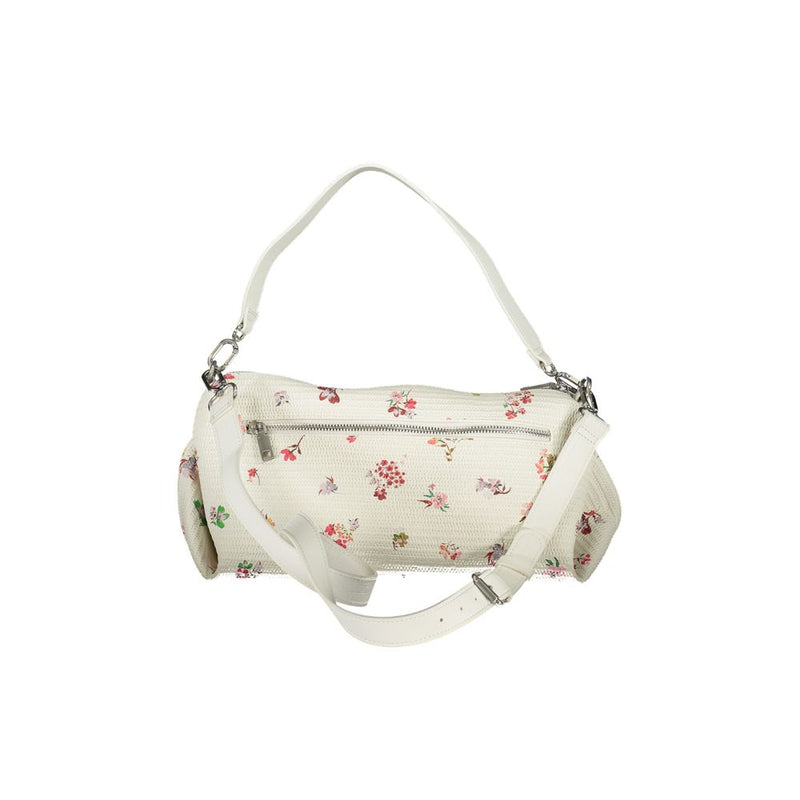 White polyurethane shoulder bag with small colorful floral print and zip pocket