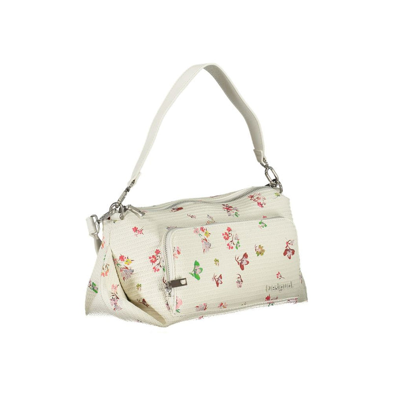White polyurethane shoulder bag with colorful floral print and front pocket
