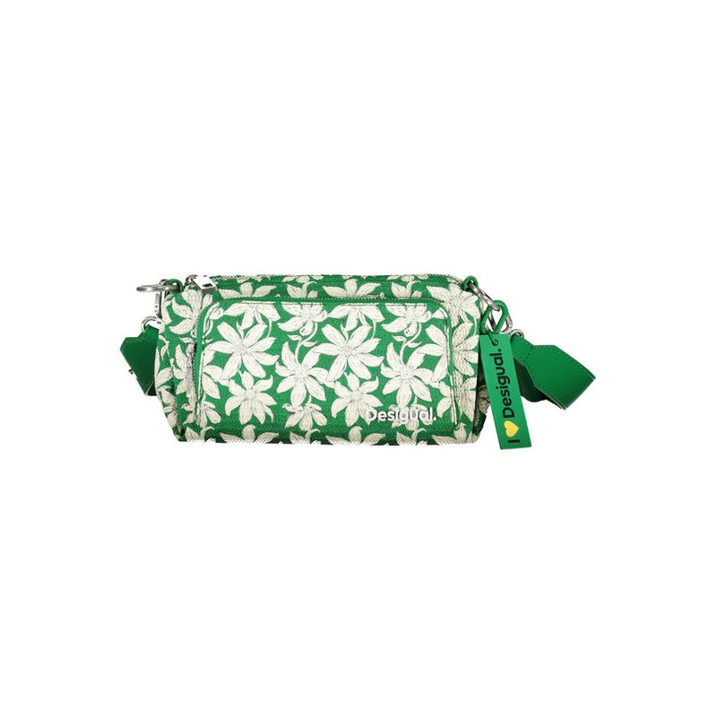 Green polyurethane shoulder bag with white floral pattern and branded strap tag