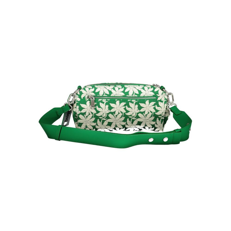 Green polyurethane cylindrical shoulder bag with white floral pattern and wide green strap