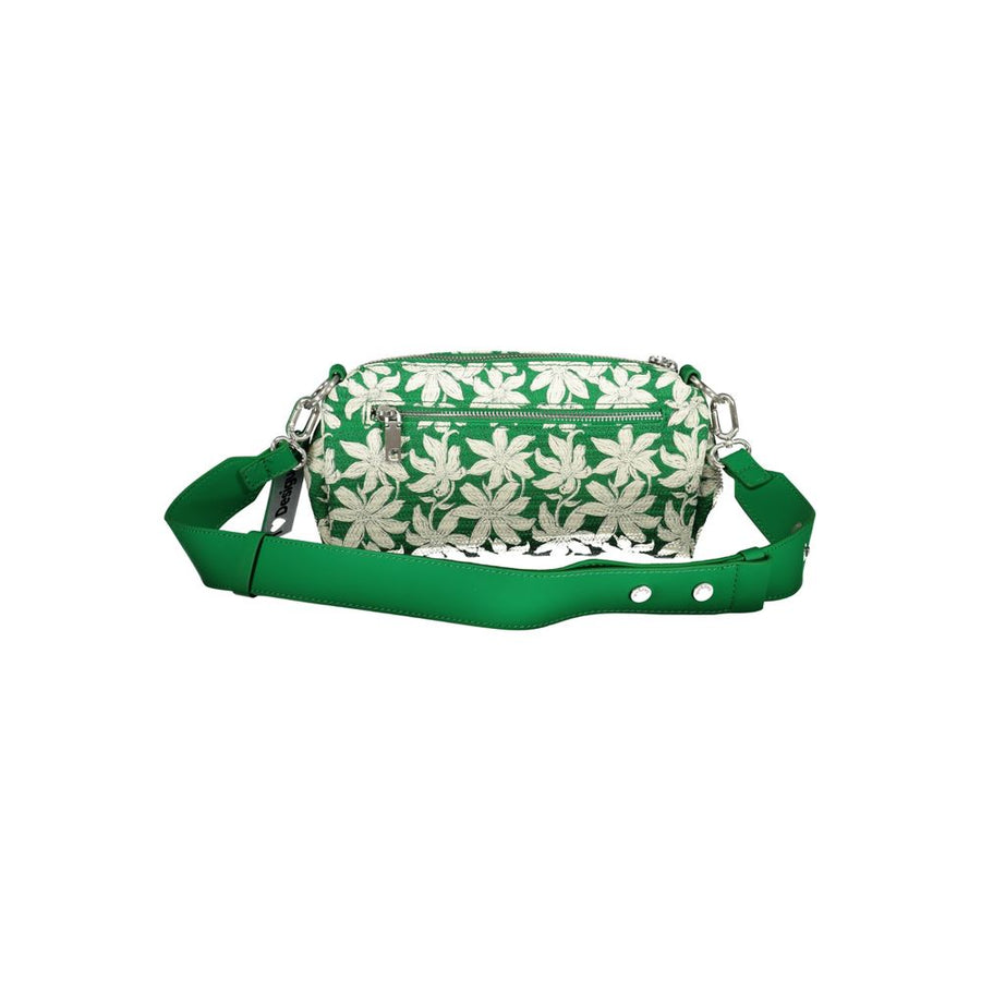 Green polyurethane shoulder bag with white floral pattern and branded strap tag