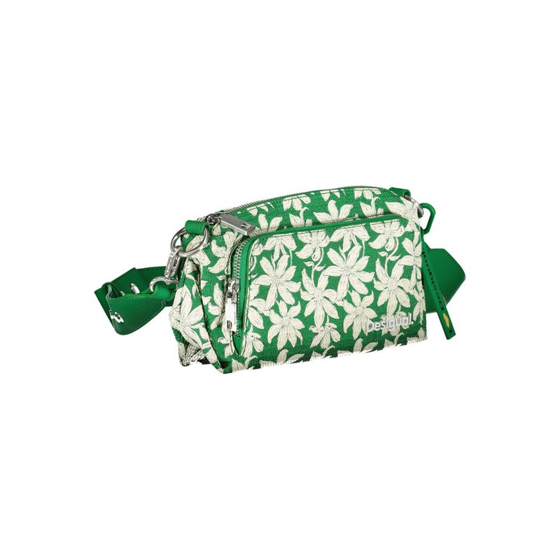 Green polyurethane shoulder bag with white floral pattern and zipper pockets