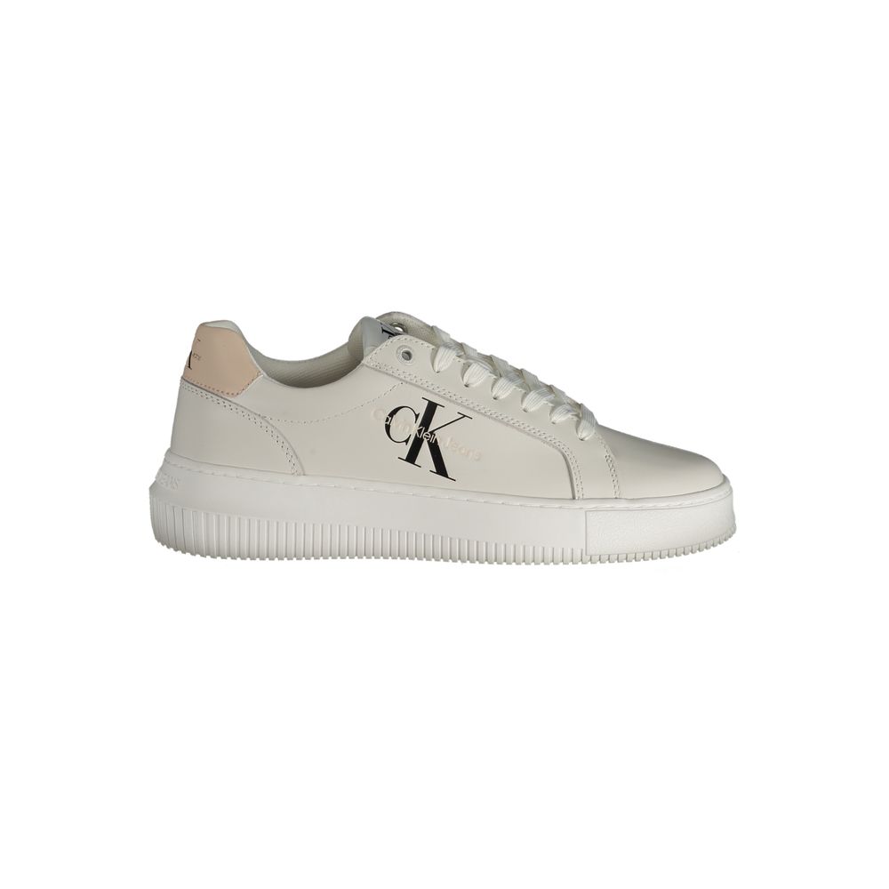 White Calvin Klein polyurethane women's sneaker with lace-up design and logo branding on side.