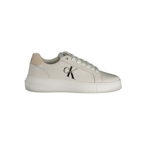 White Calvin Klein polyurethane women's sneaker with lace-up design and logo branding on side.