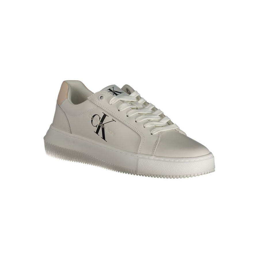 White Calvin Klein polyurethane women's sneaker with lace-up design and logo branding on side.