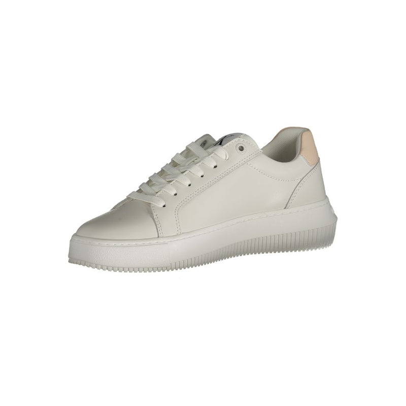Calvin Klein white polyurethane women’s lace-up sneaker with a chunky sole and subtle beige heel detail.