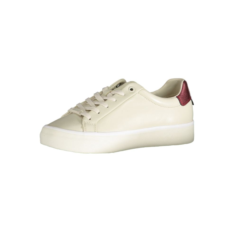 Calvin Klein beige leather low-top sneaker for women with a maroon heel accent and white platform sole.