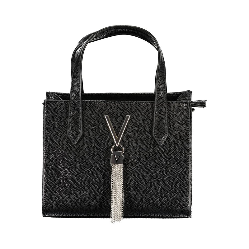 Black polyurethane handbag with top handles and a silver V logo charm with chain tassel