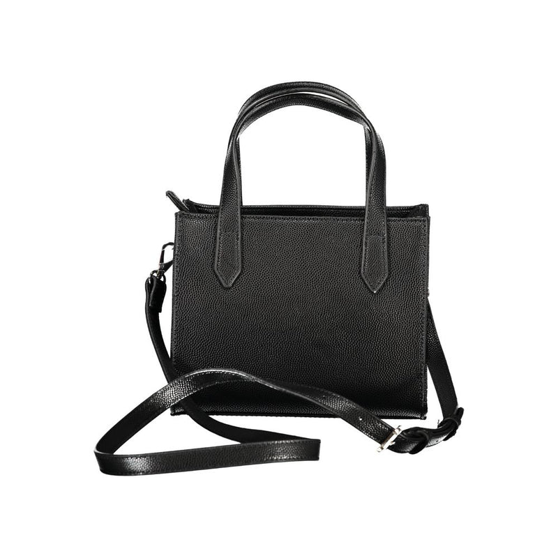 Black polyurethane structured handbag with dual top handles and a shoulder strap