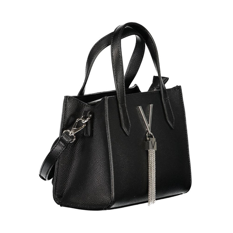 Black textured polyurethane women's handbag with top handles and silver V logo charm