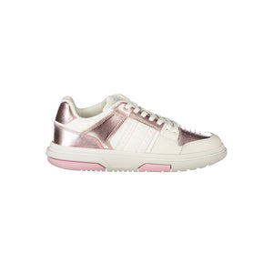 Tommy Hilfiger white and metallic rose gold polyurethane women’s lace-up sneaker with a flat rubber sole.